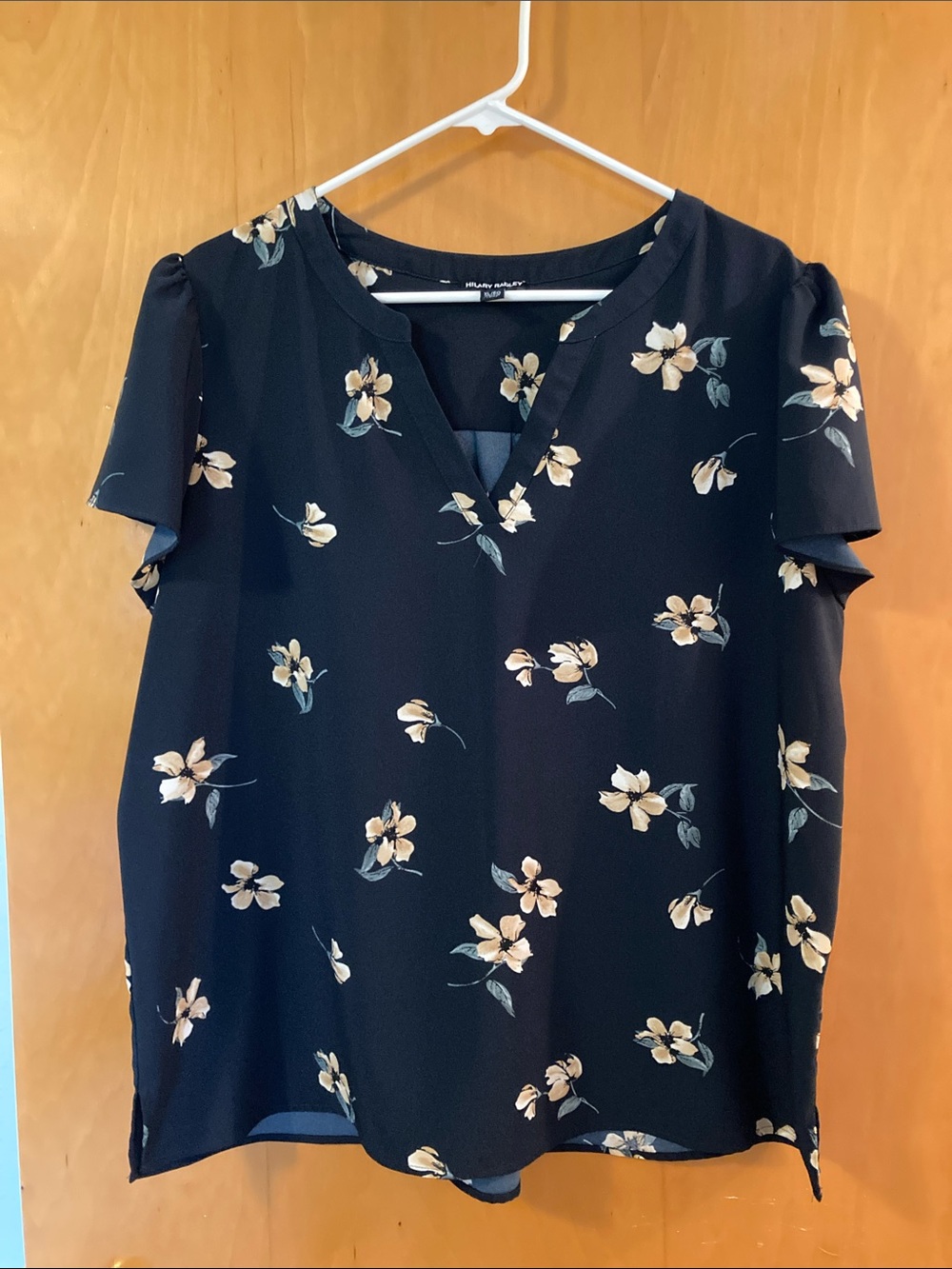 Hilary Radley Navy Floral Split V-Neck Blouse